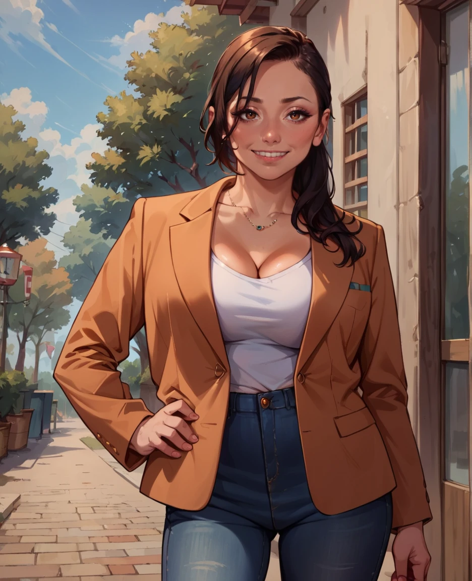 score_9, score_8_up, score_7_up, score_6_up, score_5_up, score_4_up, 
a milf, Lana, blazer, jeans, (grove:1.3), ajar mouth, hands_on_hips, large breasts, brown eyes, illustration, high quality, extremely detailed, realistic, <lora:add-detail-xl:0.7>, shy, standing, medium_shot, seductive_smile , <lora:Lana_teacher:0.8>