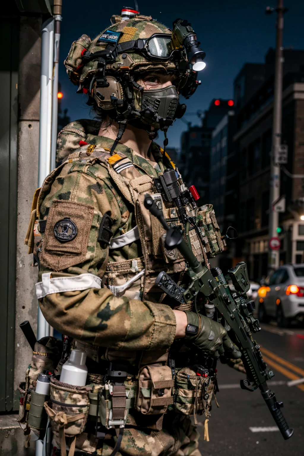 solo,1girl,outdoors,cityscape,(cowboy shot:1.2),standing,<lora:0306 Russian Federation Special Response Team_v1:1>,ruanyi0306,bulletproof vest,camouflage,helmet,holding weapon,m4 carbine,military uniform,mask,headset,microphone,, (incredibly absurdres, ultra-detailed,CG ,unity ,8k wallpaper),(masterpiece),(realistic),(photorealistic:1.2),(raw photo:1.2), (best quality:1.2), (detailed face :1.4),(beautiful detailed eyes :1.2),(detailed hair),light on face, huge filesize ,cinematic lighting, 1 girl ,sexy,