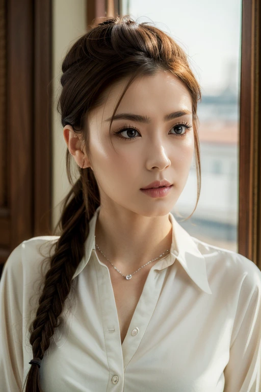 (masterpiece,best quality:1.5),ultra realistic,32k,RAW photo,(high detailed skin:1.2), 8k uhd, dslr, soft lighting, high quality, film grain,soft light ,pretty lady, royal style, silver  accessories, sexy, ( ), DayGlo yellow buttoned shirt , low ponytail ,(sexy),hwgirl,
<lora:Hwgirl_V24:0.9>,