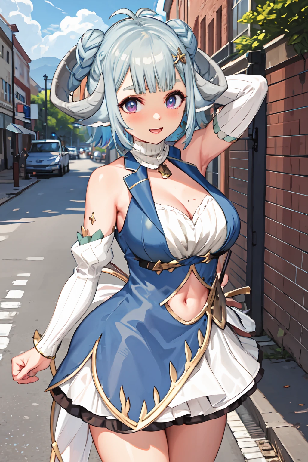 masterpiece, best quality, highly detailed, MinaiAruma, 1girl, waistcoat, detached sleeves, dynamic pose, dancing, outdoors, street, <lora:MinaiAruma:0.9>,