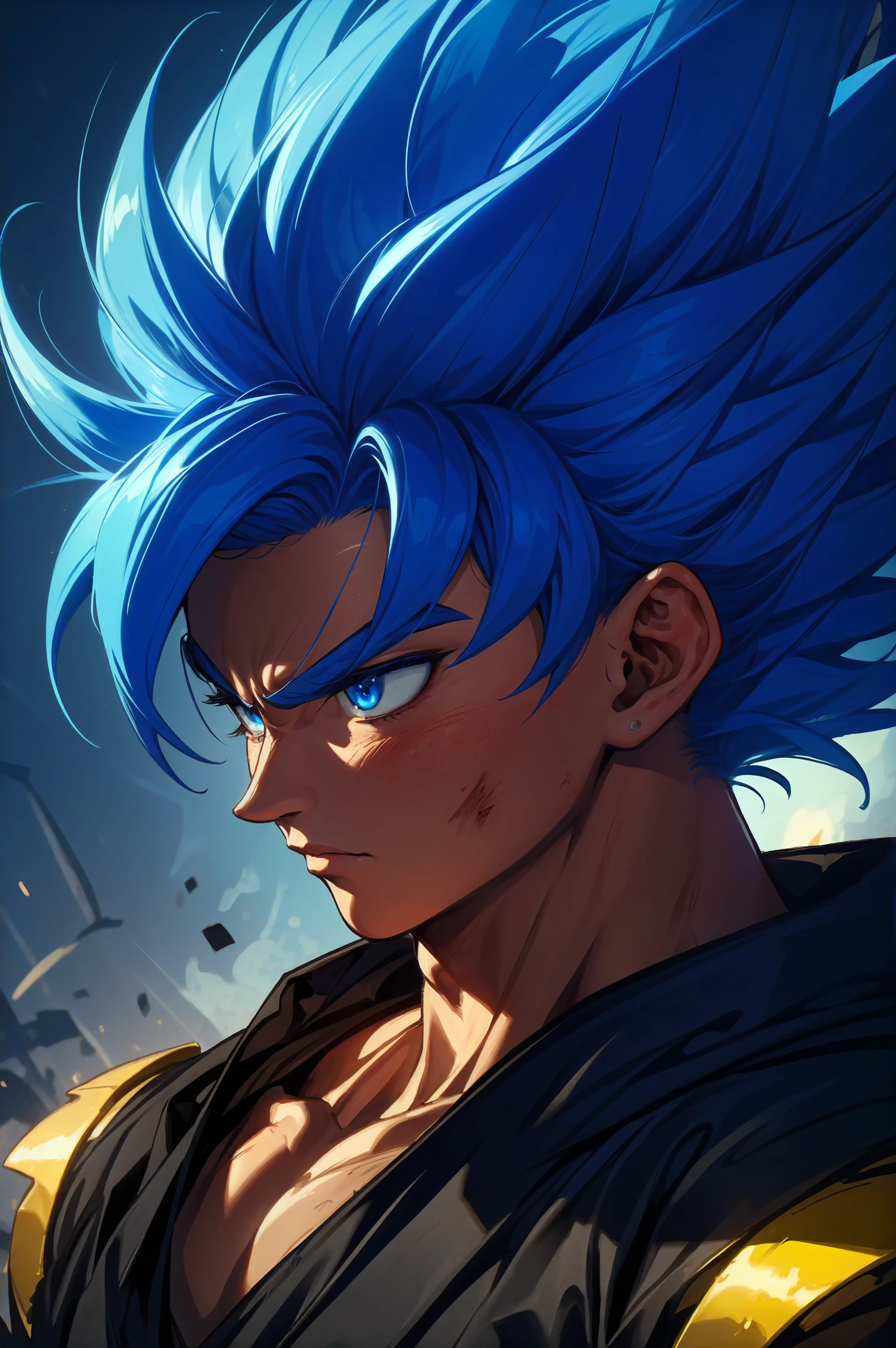 masterpiece. High quality,highest detailed,cinematic_angle,1boy,glowing,<lora:Saiyan:0.8>,Saiyan,aura,dirty,lighting,blue hair,