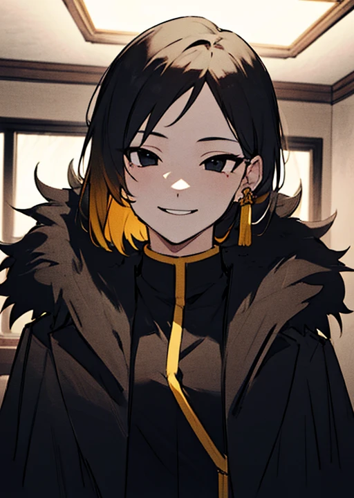1girl, solo, looking at viewer, <lora:BinahA:0.95>, black fur coat, arbiter, sadistic smile, shaded face, upper body, solo focus, black coat, indoors