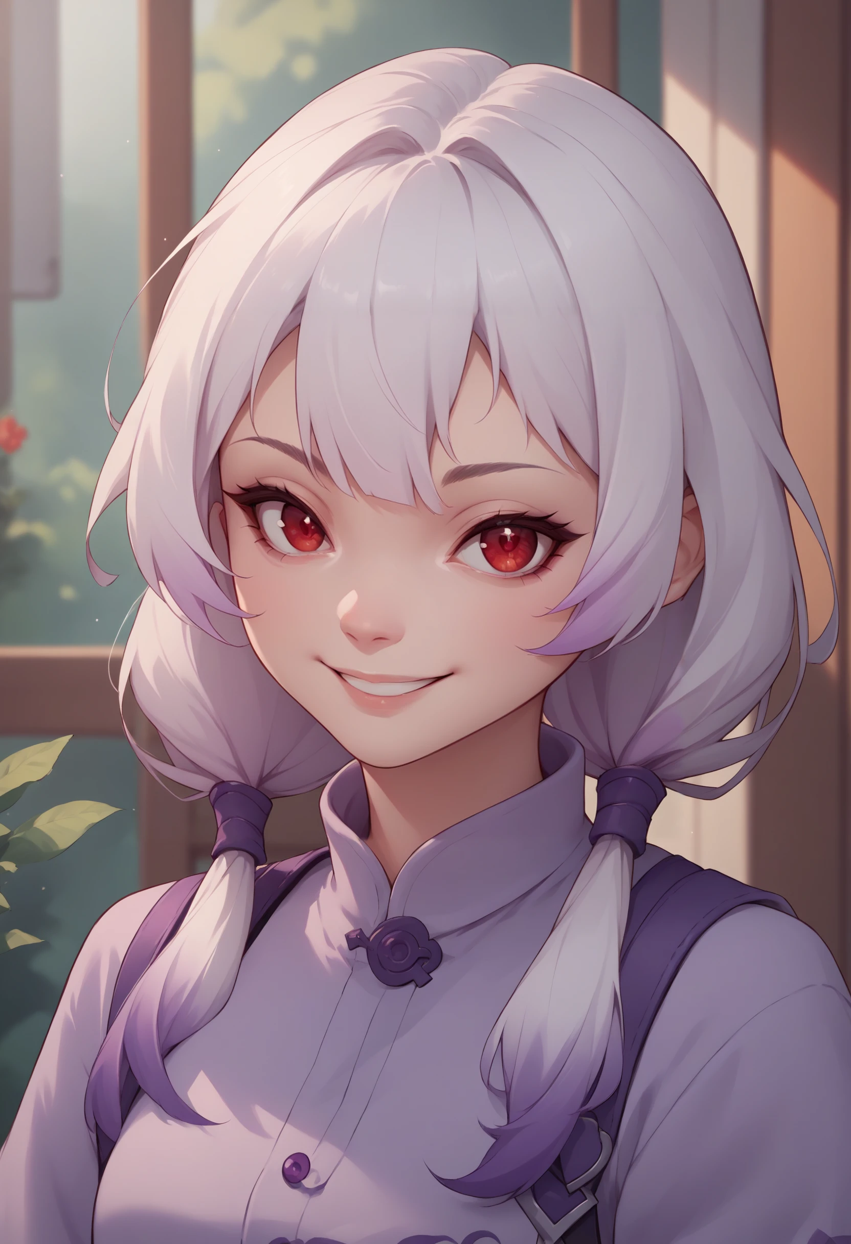 score_9, score_8_up, score_7_up, source_anime, 1girl, purple IncursioDipDyedHair, <lora:DipDyedHairXLPD:1>, upper body, red eyes, shirt, red eyes, seductive smile, white hair, low twintails,