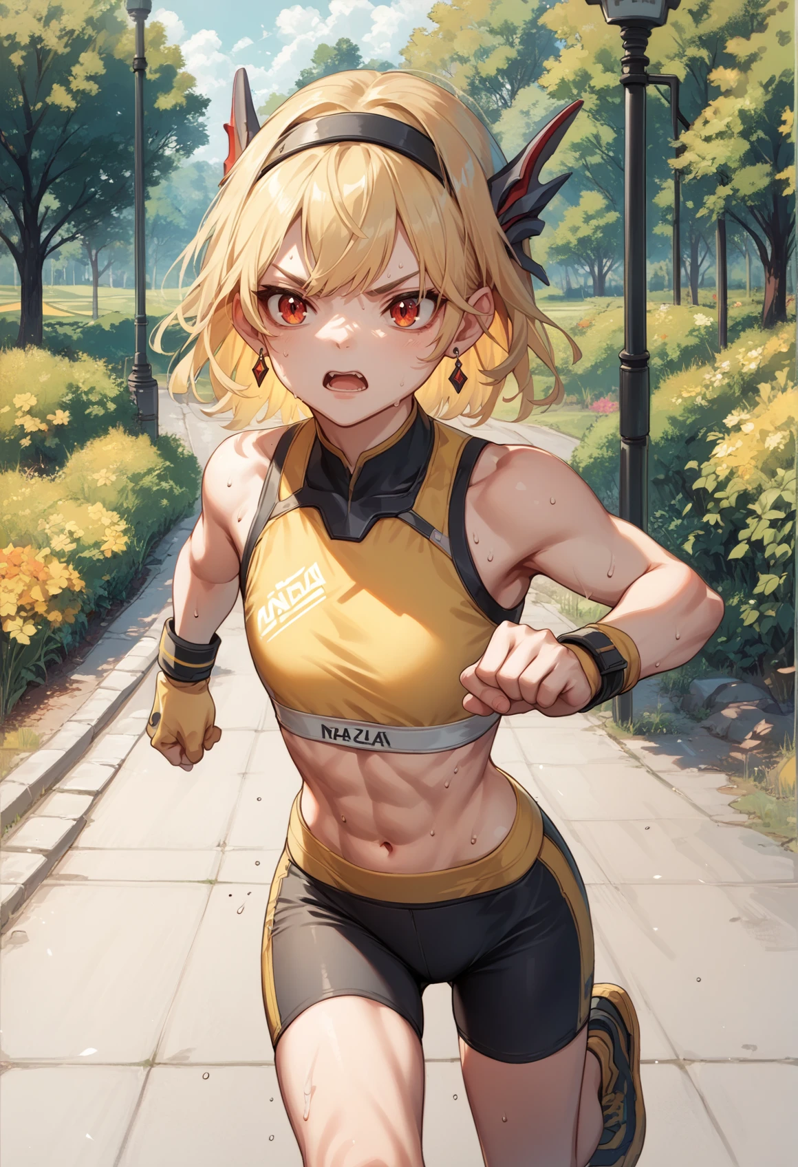 1girl, solo, medium hair, blonde hair, bangs, wild hair, red eyes, headband, hair dragon ornament with earrings, yellow black sports bra, yellow black bike shorts, wristbands, running, park, sweat serious <lora:Sharon XL:0.9>, score_9, score_8_up, score_7_up, score_6_up, score_5_up, score_4_up, BREAK source_anime, masterpiece