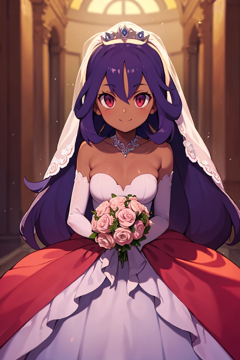 <lora:Bold_CAT:0.5>,  ((masterpiece,best quality)), absurdres, <lora:Iris_Pokemon_v2:0.8>, iris (pokemon), purple hair, long hair, red eyes, dark skin, big hair, solo, smile  bride, wedding dress, bridal veil, strapless dress, elbow gloves,  holding bouquet,