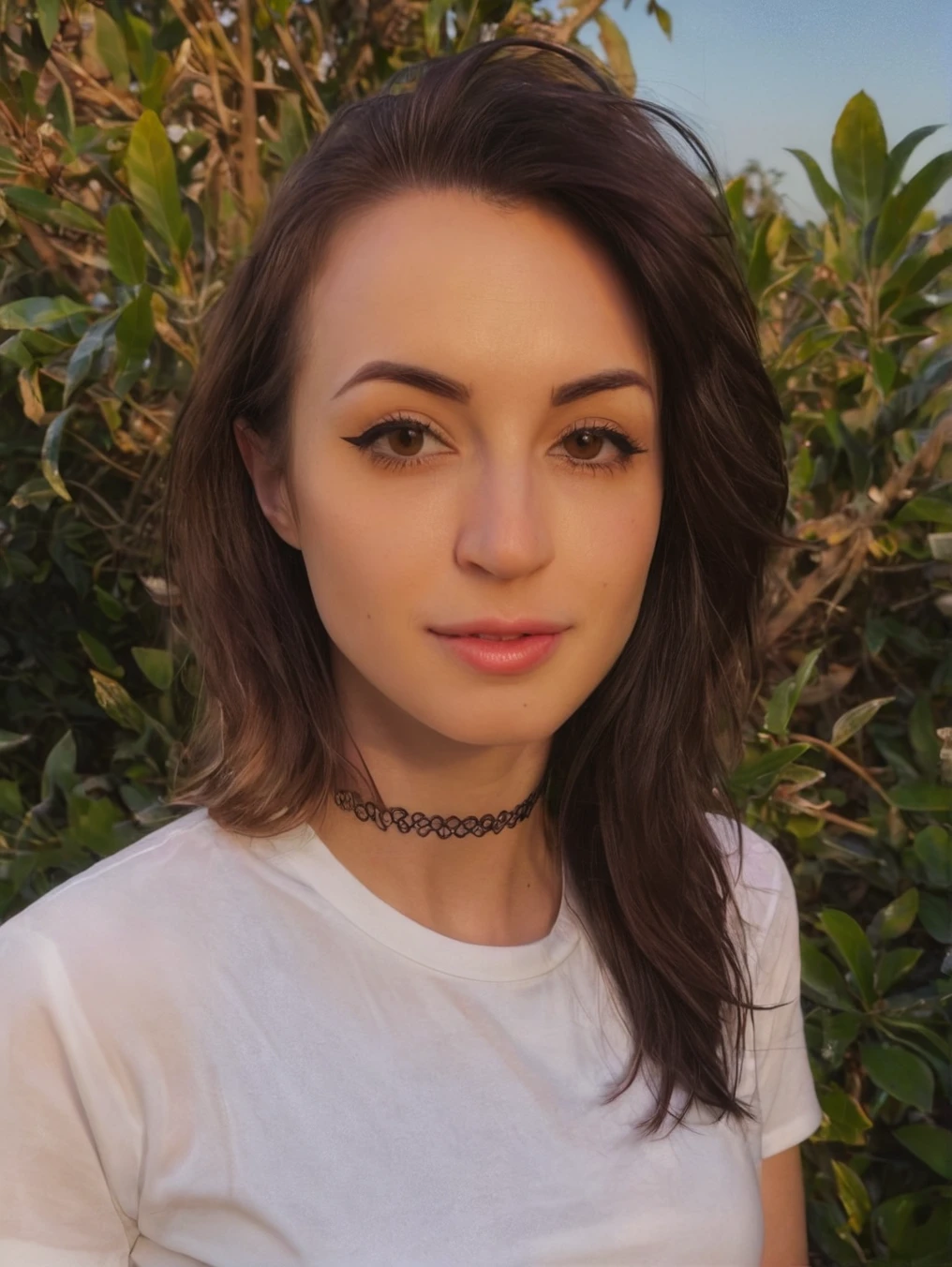 a beautiful picture of gibiAsmrXL, <lora:gibiAsmrXL:1> detailed skin texture,masterpiece, photorealistic, woman, 4k, backlighting, light, RAW color photo,(fully in frame:1.1), (blush:0.5), (goosebumps:0.5),brunette, detailed face,wearing a white shirt,outdoors