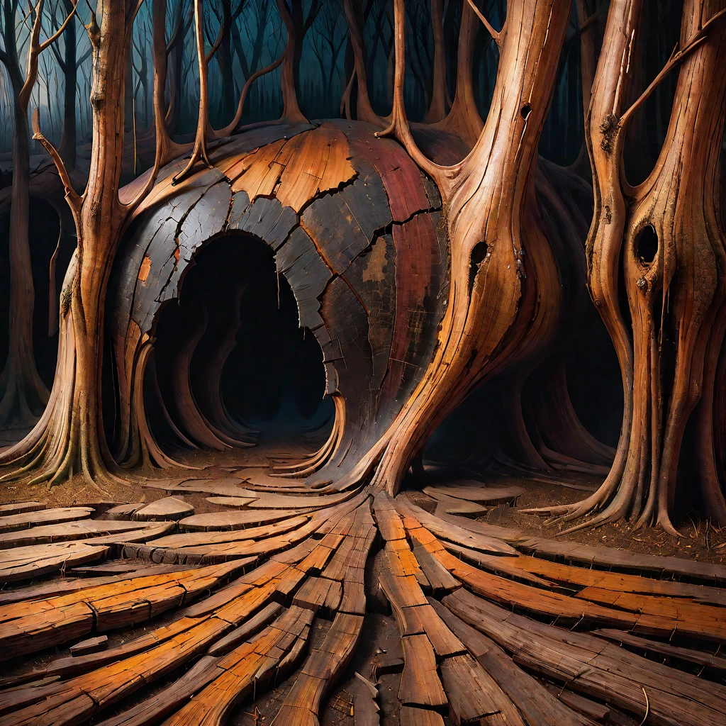 <lora:Wood-world_XL:1> in the style of wood-world_XL, surrealism painting, 16k, extreme detail, fine textures, dark shadows, dark, sharp lines, decay flatwoods, vivid colors. beautiful. revealing.  masterpiece. cracked. Hungarian landscape, doglegs, derelict