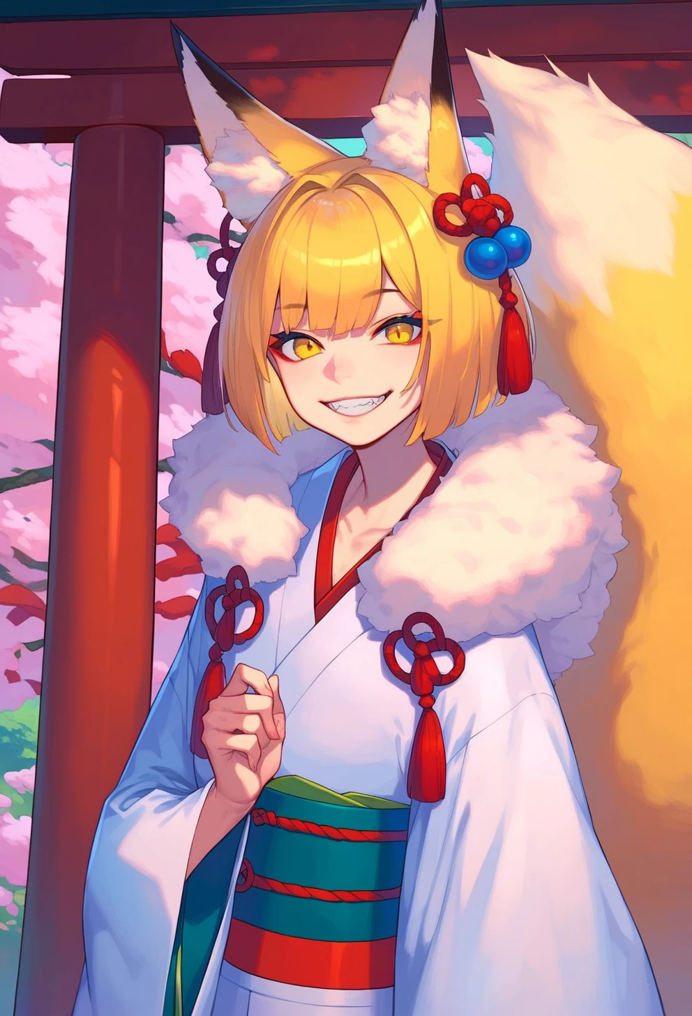 score_9, score_8_up, score_7_up, score_6_up, source anime,
selkie, 1girl, tail, animal ears, blonde hair, fox tail, fox ears, solo, fur trim, yellow eyes, bangs, shiny hair, kimono, hair ornament, shiny, multicolored hair, long sleeves, short hair, teeth, parted lips, wide sleeves, grin, upper body, torii
<lora:fire_emblem_heroes_pony:1>