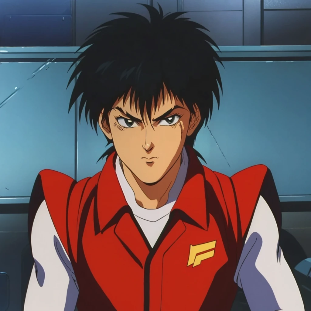 <lora:TakayaAiba002:0.7>,
TakayaAiba,1boy,black hair,spike hair,black eyes,retro artstyle,1980s (style),
uniform,red vest,long sleeves,
looking at viewer,