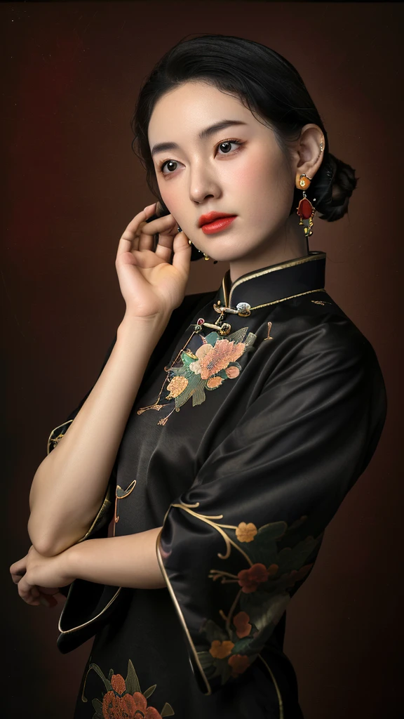 SHPortraitStudio,1girl,solo,jewelry,earrings,realistic,black hair,chinese clothes,ring,dress,lips,<lora:20240122-1705884260870:0.65>,