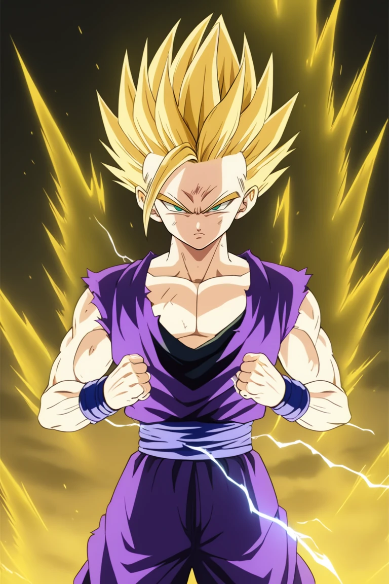 1boy,gohan,super saiyan 2,purple dougi,green eyes,,blonde_hair,yellow aura,electricity,ki,serious,cowboy_shot,clenced fists,(masterpiece,best quality,detailed,highres),detailed_face,dark_colors