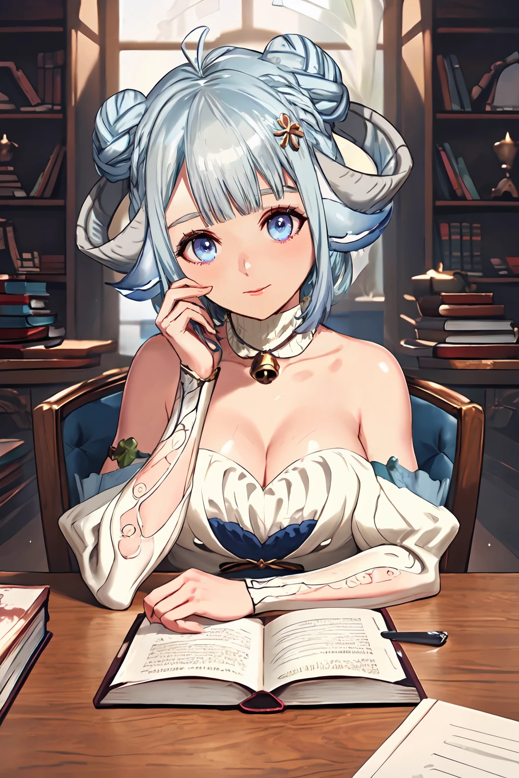 photorealistic, (4k), depth of field, (Masterpiece), (realistic skin texture), extremely detailed, intricate, hyper detailed, professional photography, bokeh, high resolution, sharp detail, best quality, (MinaiAruma:1), 1girl, strapless, detached sleeves, double bun, neck bell, (head rest:1.3), library, bookshelf, <lora:MinaiAruma:0.9>, reading, (book:1.1), (holding hands:1.1),