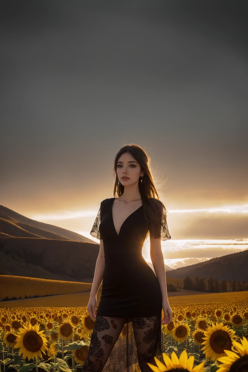 1girl,full body,t-shirt,((best quality)), ((masterpiece)), ((detailed)), Unparalleled, Mind-blowing, ((Elegant)), Landscape, Valley, Dale, Hollow, Digital artwork, Digital illustration, Digital masterpiece, Dramatic lighting, Dynamic light, High contrast illumination, Intense lighting, Light trails,detailed background,mountain,clouds,sunflowers,sharp focus, intricate texture,realistic, detailed facial features, highly detailed face,<lora:Vyxia2:0.7> Vyxia2