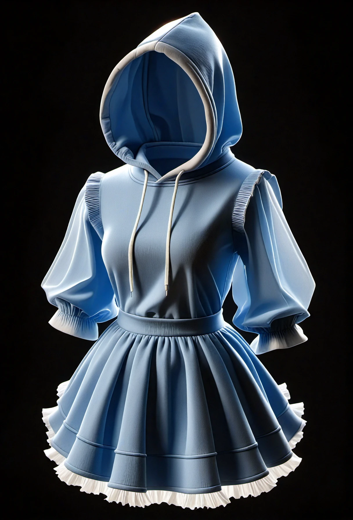 Hollow,A hollow stands with hollow hands loosely by their sides wearing a A baby bluek and white shiny dress hoodie, featuring puffy sleeves, a ruffled collar and skirt hem, and a white apron with a frill. , a dark background accentuates the glowing outline and creases of the clothing. 