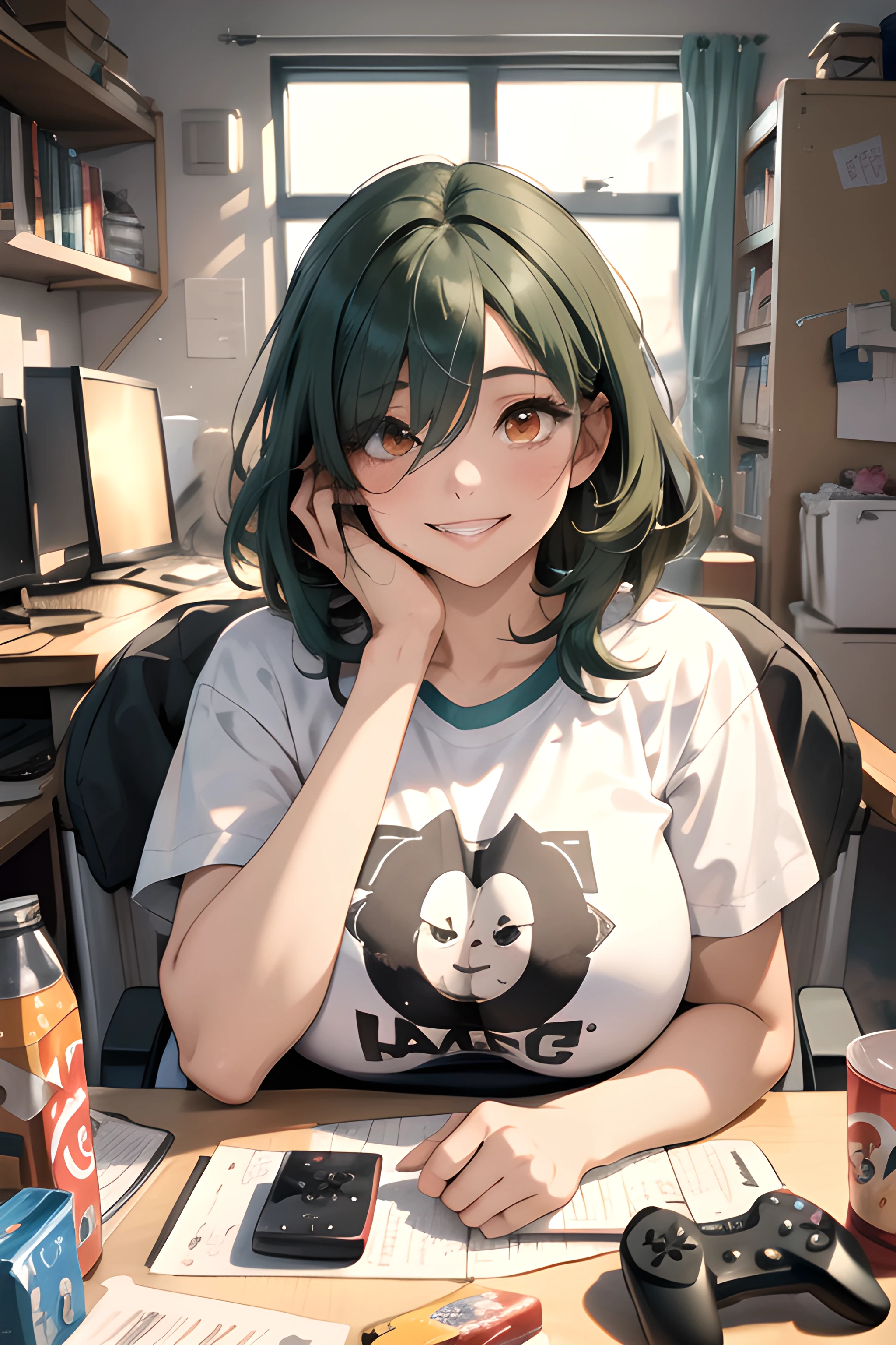 (masterpiece, best quality, highres), 1girl, solo, otaku, dark green hair, medium hair, messy hair, long bangs, hair over one eye, orange eyes, gigantic breasts, plump, thick lips, upper body, impossible shirt, t-shirt, morning, looking at viewer, excited, grin, bags under eyes, otaku room, messy room, television, game console, game controller, manga \(object\), soda bottle, snack, handheld game console, hand on own face, gaming chair, sitting