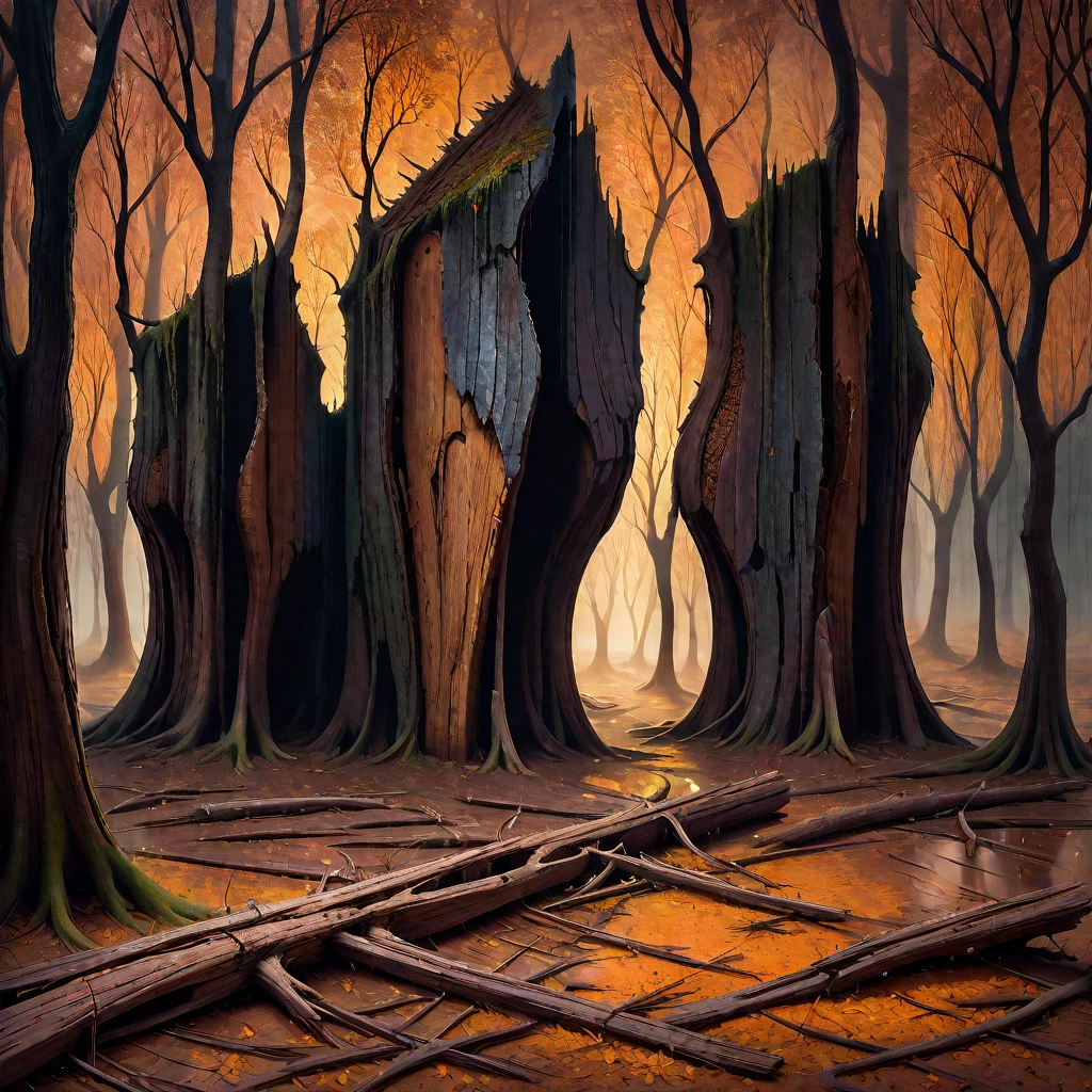 <lora:Wood-world_XL:1> in the style of wood-world_XL, surrealism painting, 16k, extreme detail, fine textures, dark shadows, dark, sharp lines, decay flatwoods, vivid colors. beautiful. revealing.  masterpiece. cracked. Hungarian landscape, doglegs, derelict