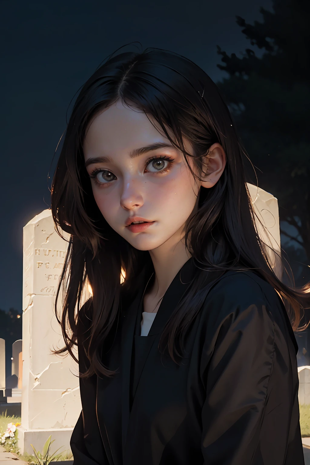 (Masterpiece,best quality,realistic,insane detailed:1.37,medium shot, best color), an award winning photo of beautiful queen in black dress with black roses robes,blue eyes,fine detail on skin and face,intricate detail on clothes,(dark roses,tiara,skull trickets,dark,black),ornate,fidelity,(((in snowy cemetery,snowdrop)),beautiful dark sky,depth of field,cinematic light,perfect shadow,concept art,highres CG production,8K
