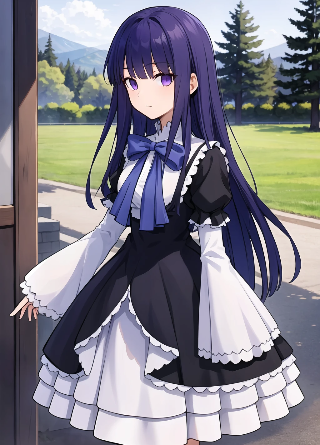 masterpiece, best quality, 1girl, frederica bernkastel, solo, dress, long hair, blue hair, purple eyes, layered sleeves, long sleeves, bow, puffy sleeves, short over long sleeves, short sleeves, black dress, sleeves past wrists, frills, purple bow, <lora:Frederica Bernkastel anything45pruned46r75r-000007:0.65>, looks at the viewer, standing, outdoors,