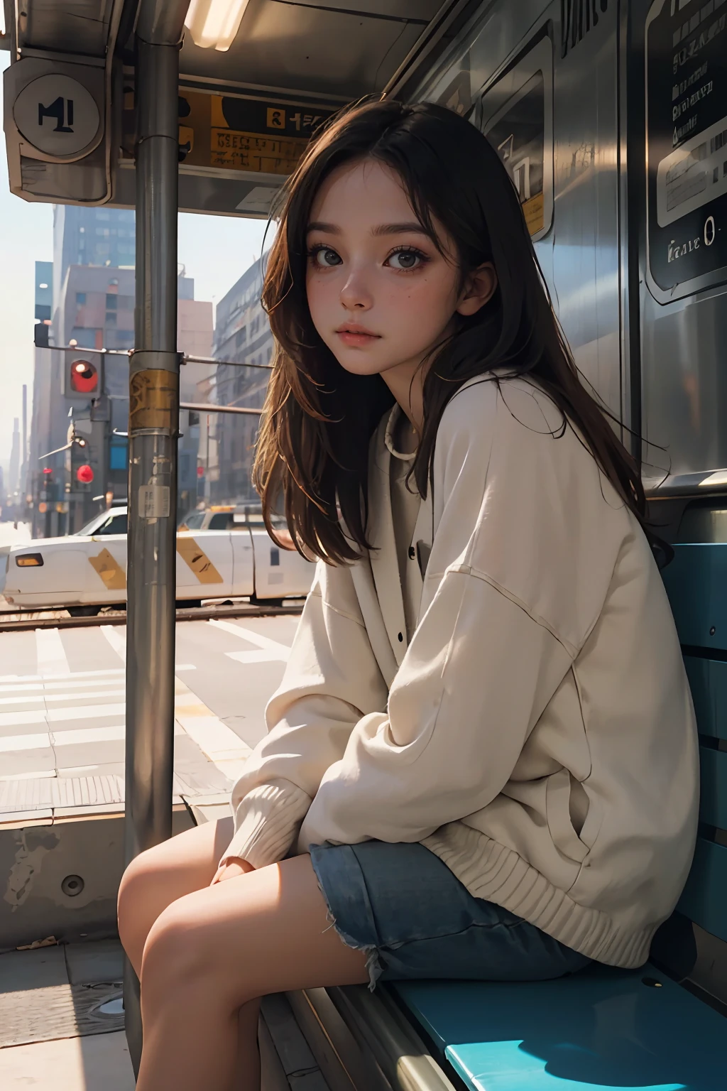 ( detailed realistic background:1), ( official art, beautiful and aesthetic:1 ), realistic lighting, cinematic lighting, hyperrealism, soft light, sharp, artistic photoshoot, ( cute, petite ), slender, pale cheeks, square face shape with angular jaw, natural "no-makeup" makeup,  Subway in New York City, a girl sits on a bench waiting for the train