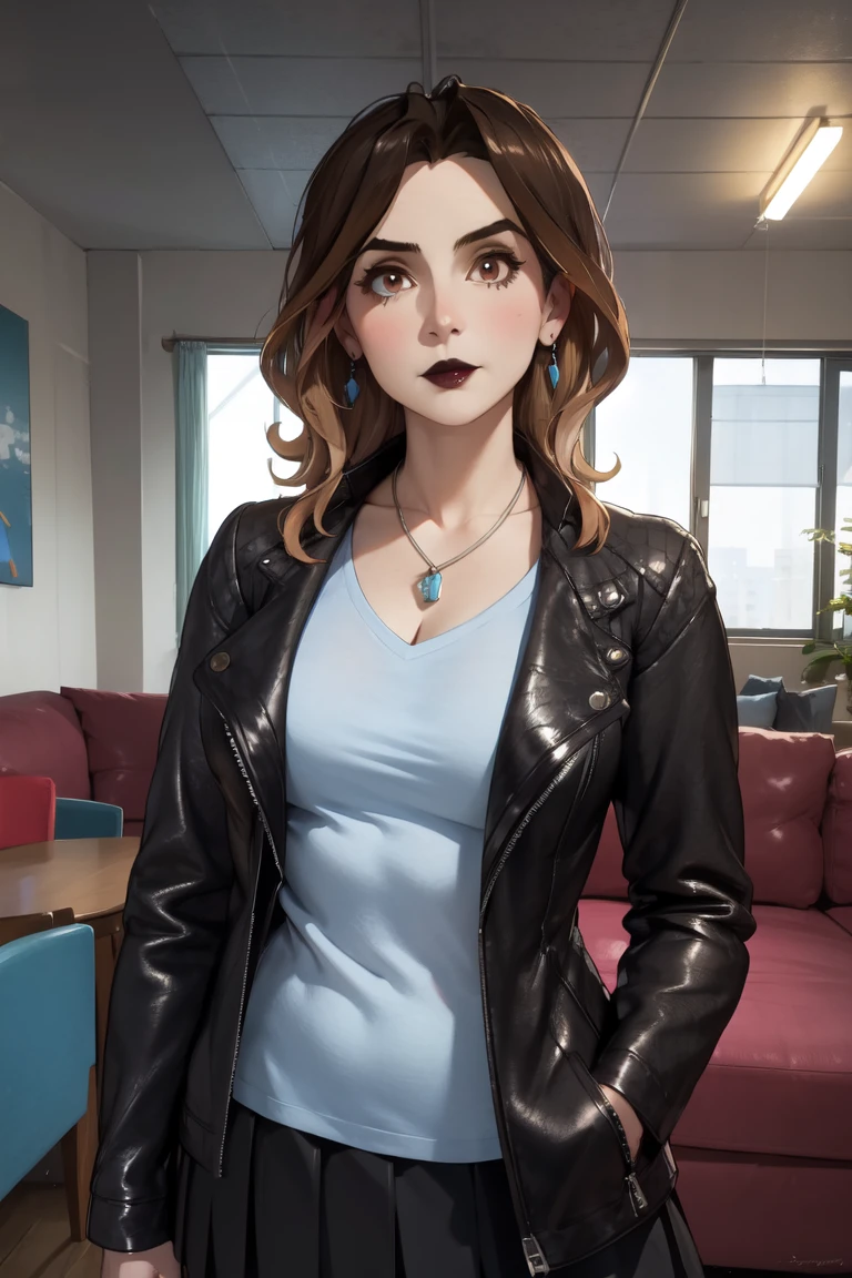 Celia Lede, 1girl, brown eyes, brown hair, black jacket, necklace, open clothes, earrings, grey shirt, lipstick, black lips, black skirt, looking at viewer, inside, livingroom, standing, upper body, looking at viewer <lora:Celia Lede9-000070:0.65>