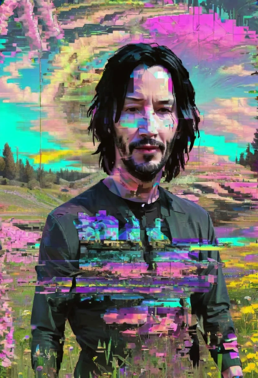 keanu reeves in a meadow of beautiful flowers, glitch art <lora:glitched-v1-extracted:1.3>