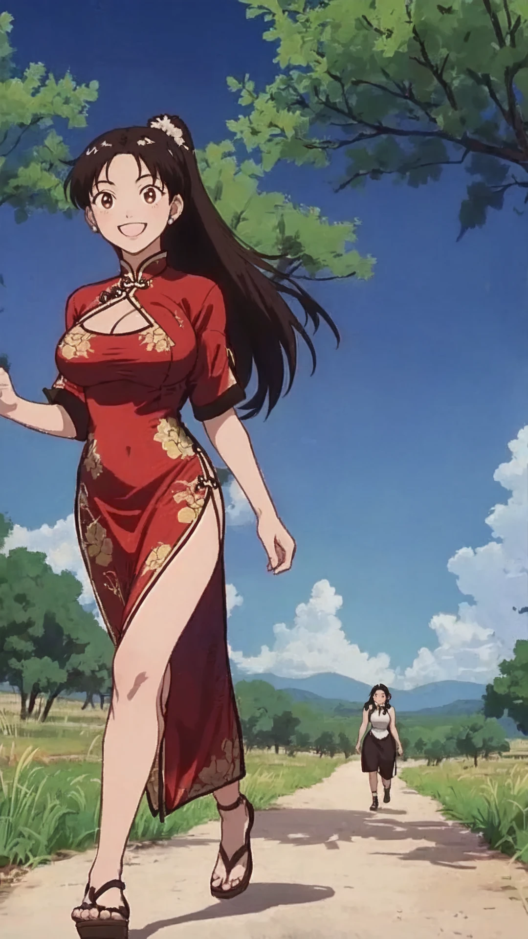 Helen Noguchi, black hair, long hair, ponytail, brown eyes, big breasts, happy smile joy, (walking on the African prairie:1.3),
((Chinese dress))<lora:EMS-316968-EMS:0.600000>