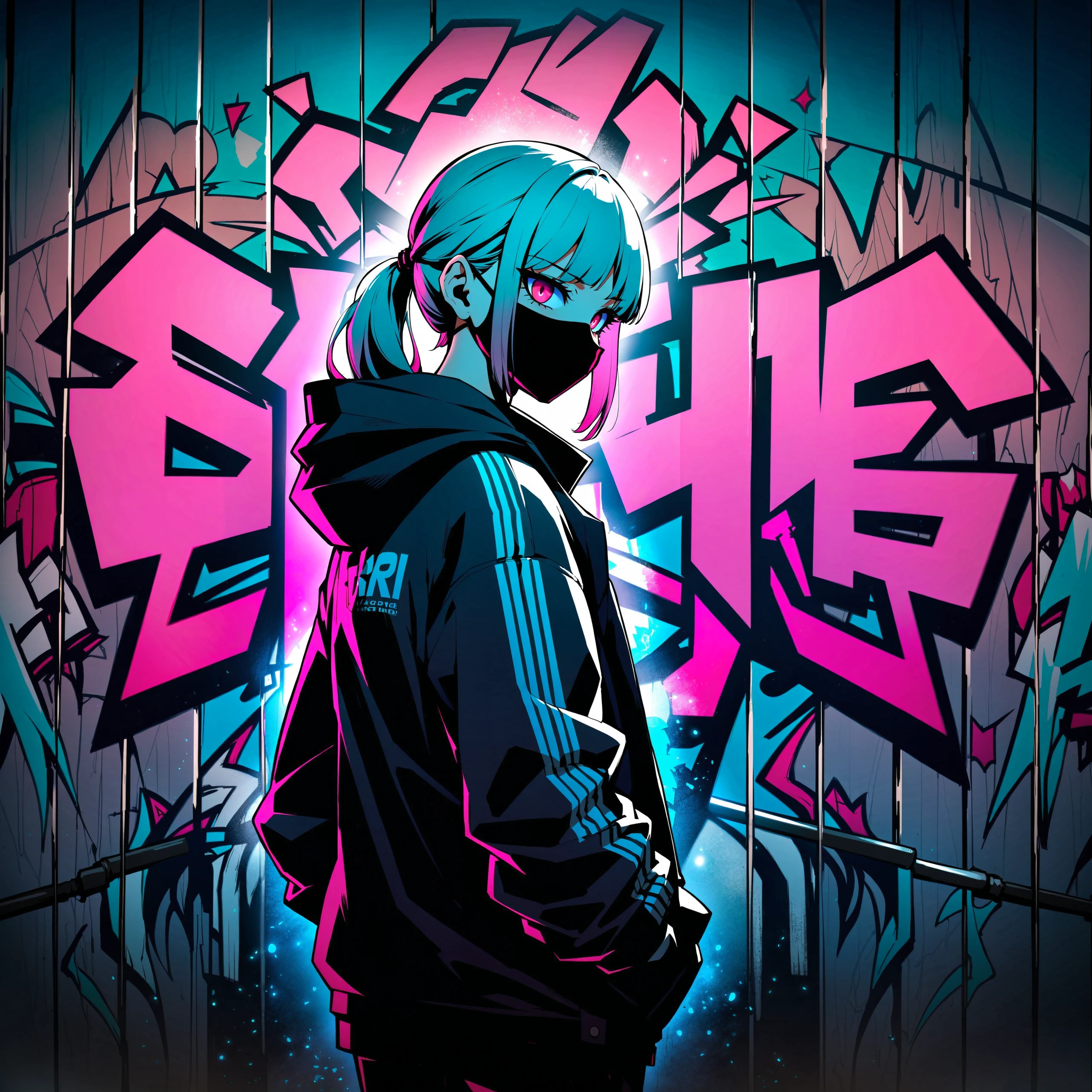 image of a white haired girl with red eyes and a ponytail, night time, wearing a surgical mask, a black jacket, black pants and a choker, facing towards the viewer and she is standing next to a wall full of graffiti, her expression is cool and expressionless, dark theme, neon lights, graffiti, nighttime, city, (surgical mask:1.2), dim lighting, perfect ass, mysterious, mature female, medium breasts