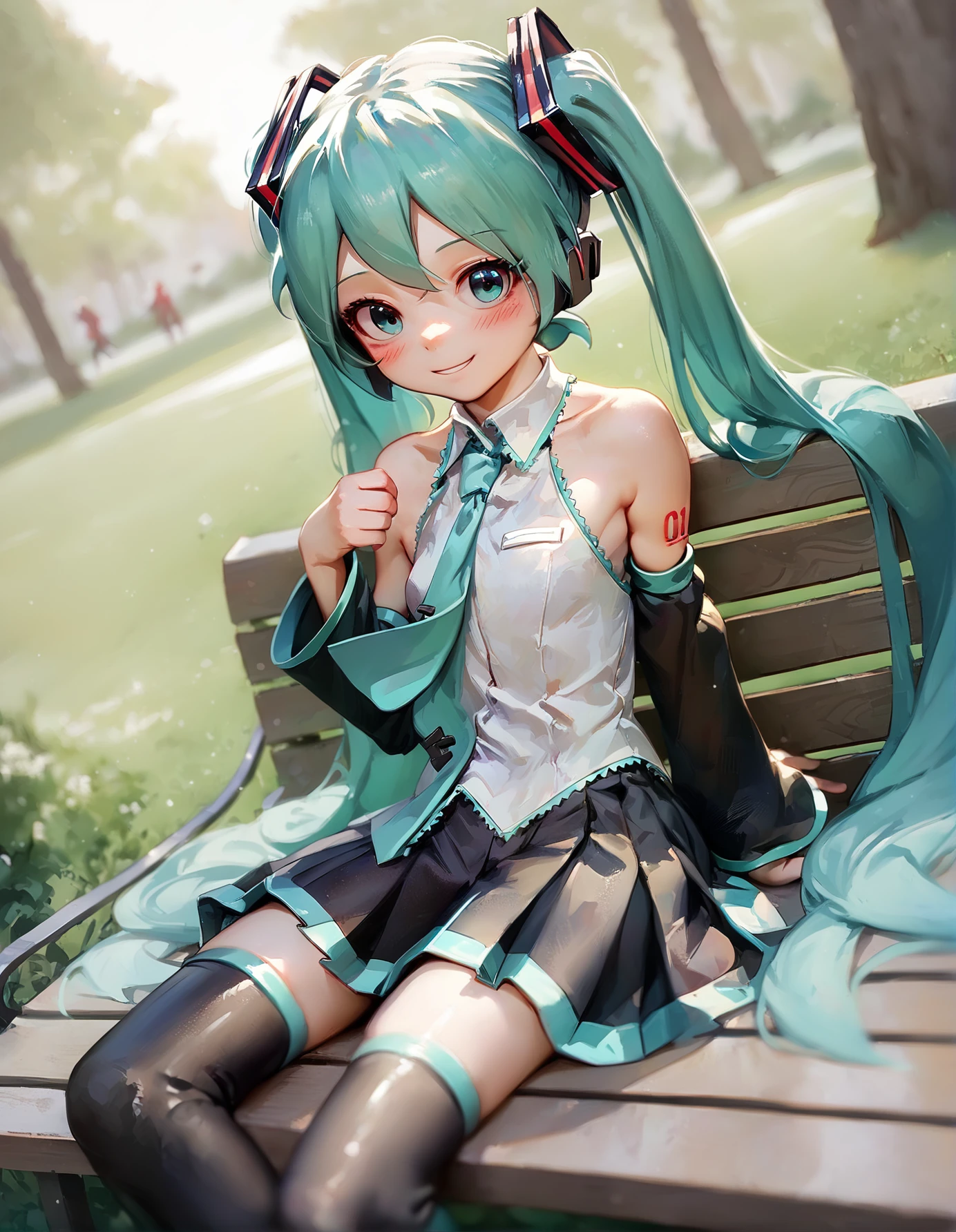 score_9,score_8_up,score_7_up, source_anime, raiting_questionable, a girl is sitted on a park bench, looking at viewer, (hatsune miku:0.8), blush, smile, black thighhighs, detached sleeves, dutch angle,
<lora:sweetonedollar_style_xl_v3:1.2>