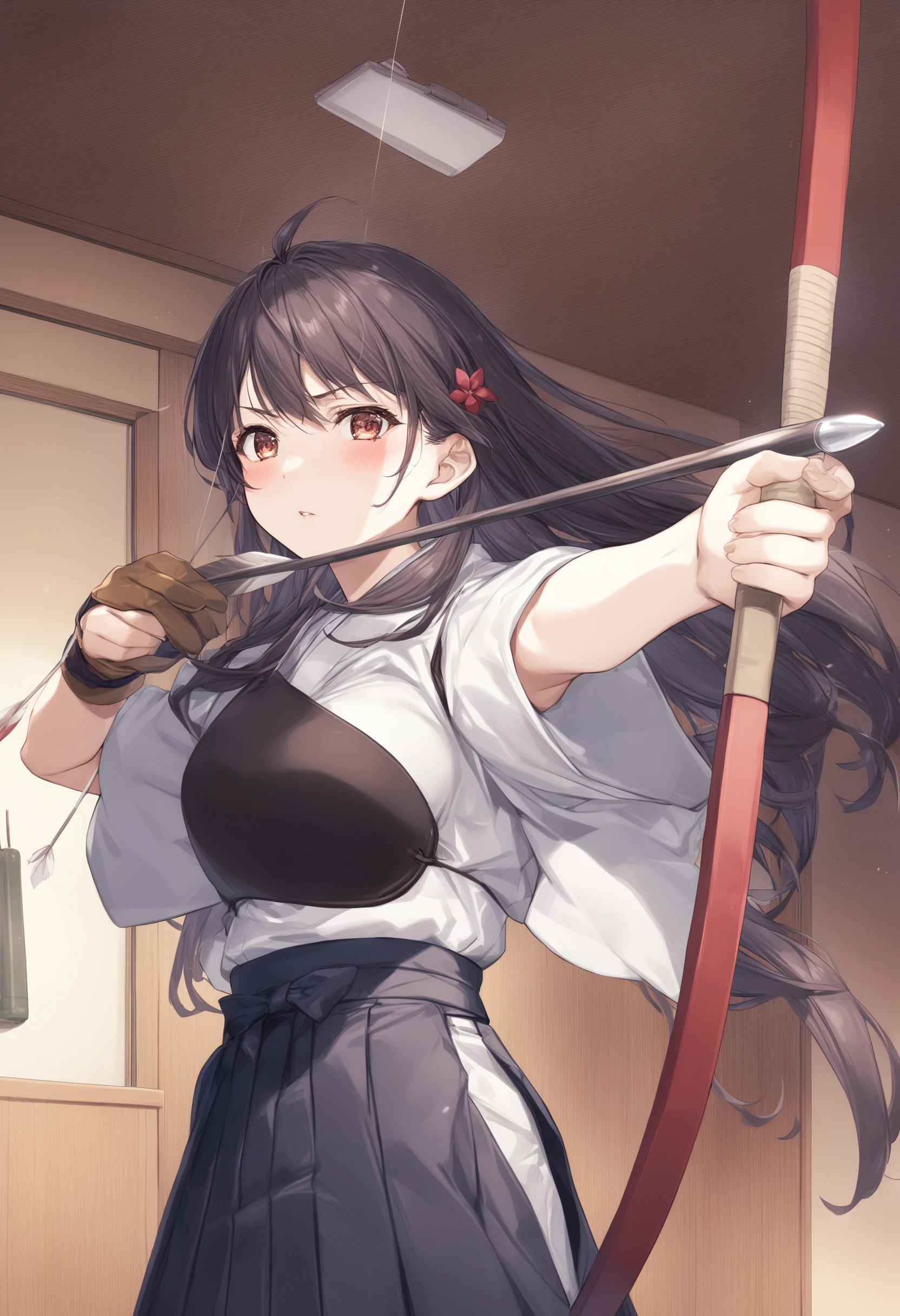 1girl, <lora:sdxl2-flat2-512b:-1>,medium breasts,
<lora:kyuudouXLv2:1>,kyuudou, bow (weapon), japanese clothes, arrow (projectile), holding bow (weapon), yugake, muneate, hakama, single glove,
best quality,medium quality,