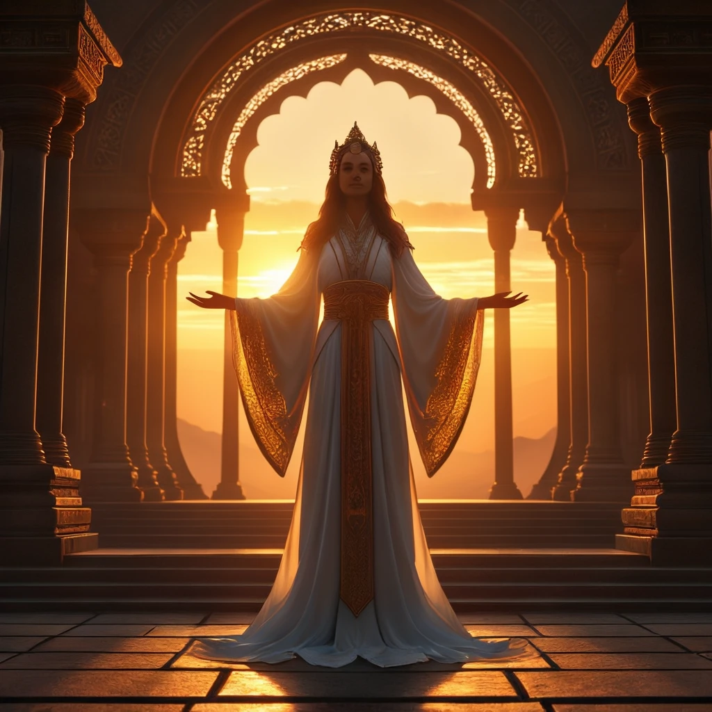A woman dressed in formal priestess robes, welcoming the viewer to a digital temple, a picturesque sunrise behind her.
Incredibly detailed, cinematic epic photoshoot