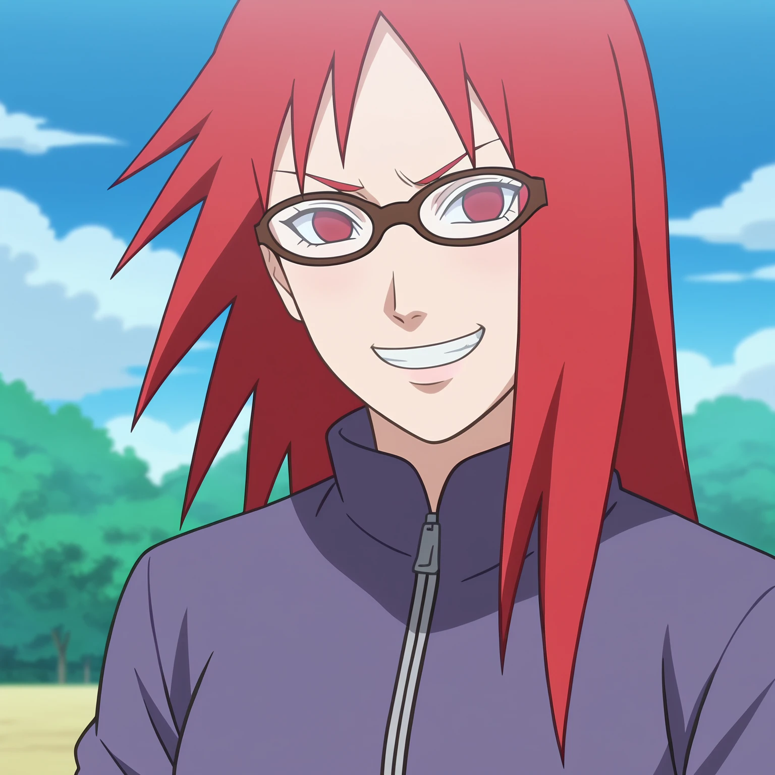 <lora:KarinXL-000020:1>,red hair, 1girl, glasses, long hair, red eyes, solo, long shirt, looking at viewer,medium breasts, long sleeves,outdoors , no pupils,grin, portrait, close up,zipper,
anime screencap, anime coloring,source_anime,naruto \(series\), naruto shippuuden,