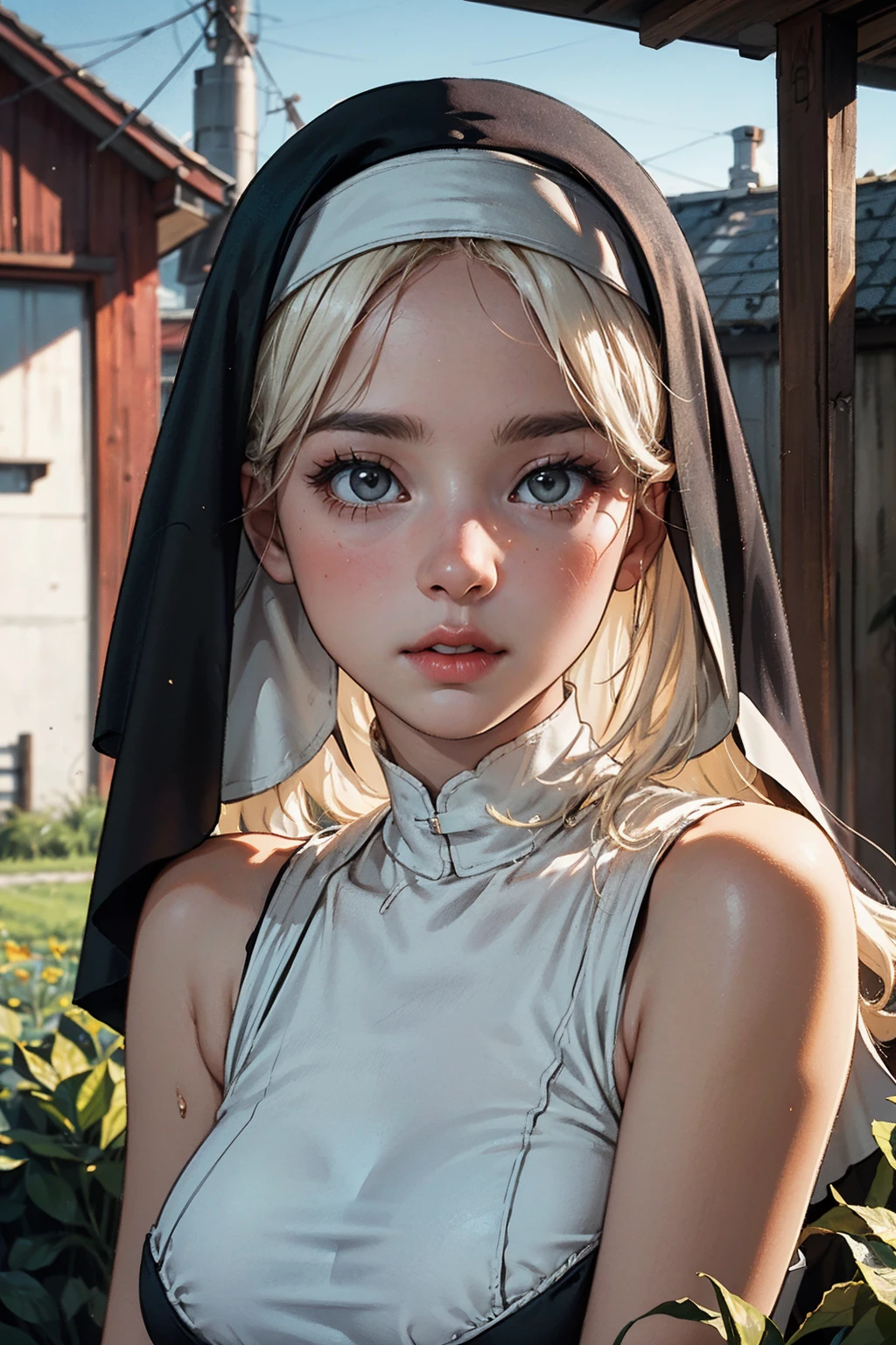 ( detailed realistic background:1),
( official art, beautiful and aesthetic:1 ),
realistic lighting,
cinematic lighting,
hyperrealism,
soothing tones,
muted colors,
high contrast,
soft light,
sharp,
artistic photoshoot,
( cute, petite),
slender,
european,
pale cheeks,
square face shape with angular jaw,
natural "no-makeup" makeup,
huge breasts,
((nun)), Upper Body,
Bare shoulders, Bare neck, platinum blonde hair, grey eyes, full lips, ,
On a 1950s Country Farm: Red barn, haystacks, green pastures, ploughed fields,