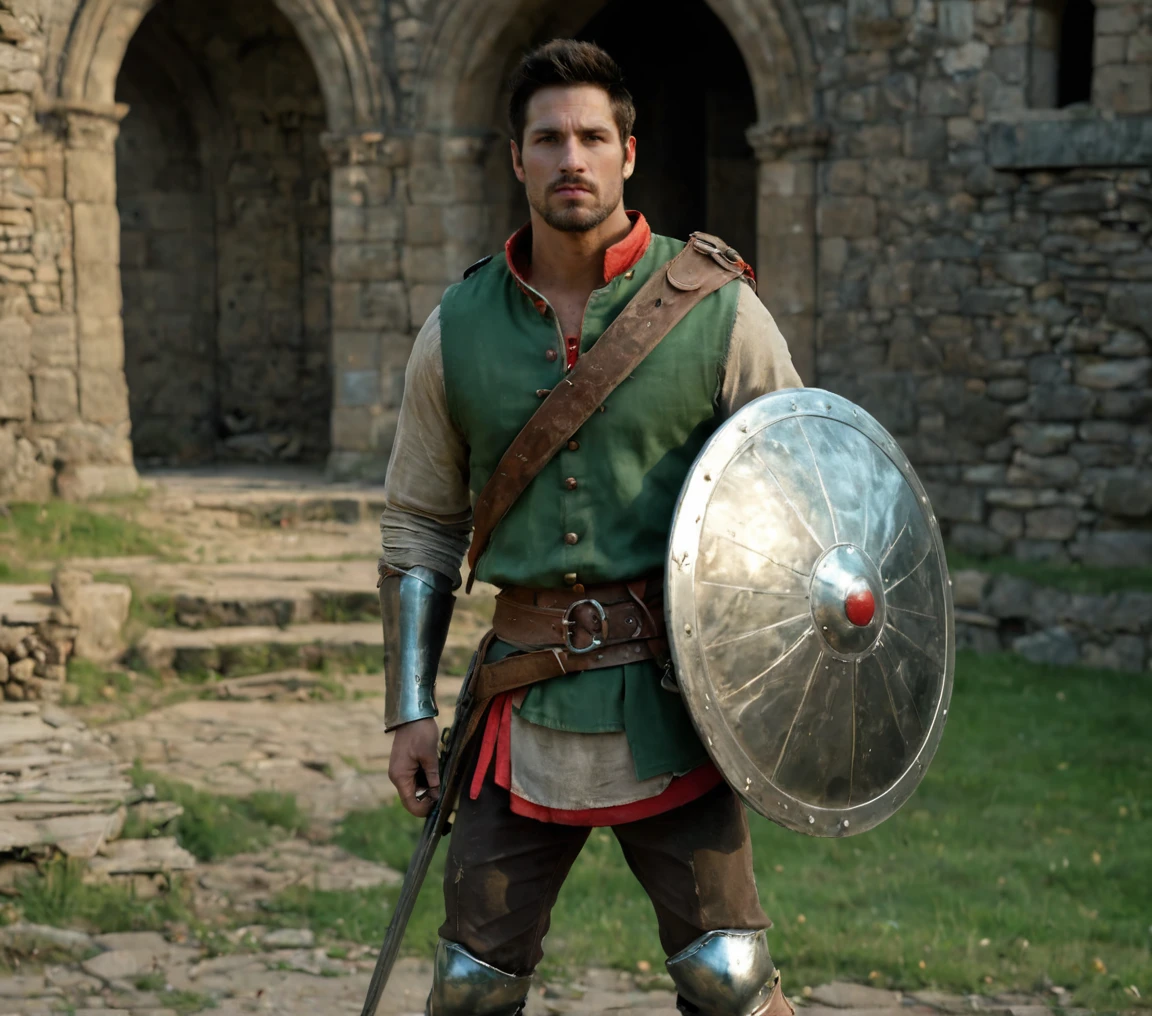 bdo_warrior, scene from movie, 1man, full body, front view, holding big shield, facial hair, red eyes, green shirt, brown pants, brown boots, background of castle ruins, sophisticated details, sharp focus, masterpiece, perfect anatomy, perfect face, detailed face, handsome face, perfect hands, best quality, 8k,<lora:EMS-300010-EMS:0.800000>