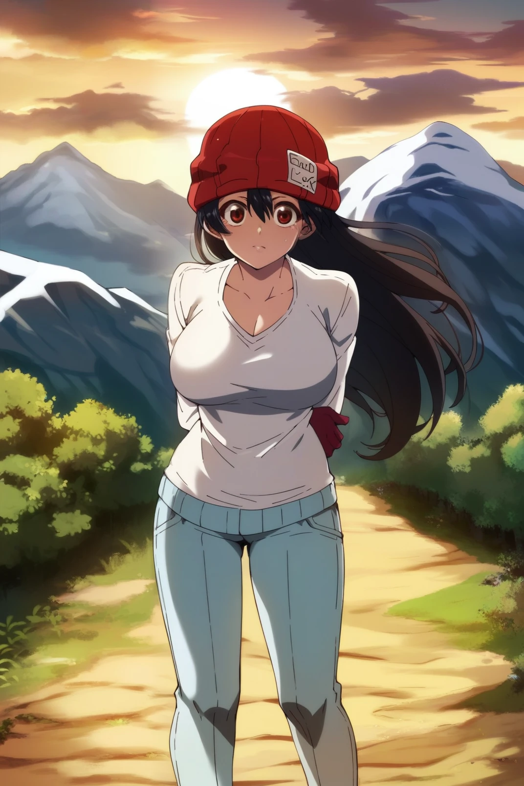 score_4, score_5, score_6, score_9, score_8_up, score_7_up, fuukoxl, black hair, very long hair, brown eyes, large breasts, cleavage, shirt, short hair, red gloves, red beanie, red eyes, pants, standing, arms behind back, looking at viewer, wind, hair wagging, sunset, mountainous horizon, outdoors, nature, <lora:izumo_fuuko-10:1>