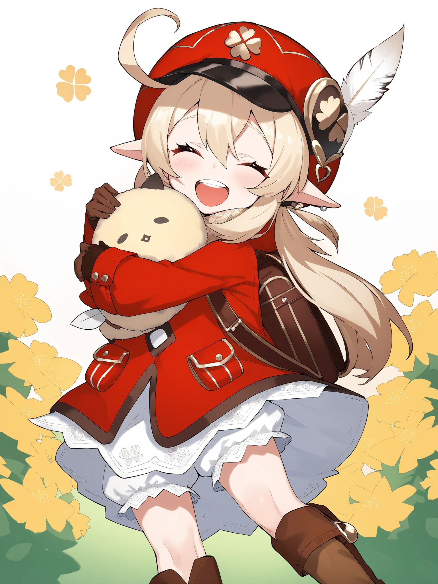 sailulu  style,klee_(genshin_impact),1girl,bag,closed eyes,hat,open mouth,backpack,ahoge,boots,pointy ears,smile,gloves,red headwear,underwear,long hair,twintails,long sleeves,bangs,knee boots,solo,hat feather,cabbie hat,bloomers,eyebrows visible through hair,low twintails,brown footwear,brown gloves,:d,dress,^ ^,red dress,hair between eyes,blush,flower,light brown hair,sidelocks,randoseru,object hug,pocket,charm \(object\),kneehighs,red coat,bag charm,upper teeth,^o^,blonde hair,white bloomers,teeth,clover print,holding,brown scarf,coat,white feathers,hat ornament,scarf,, masterpiece, best quality,