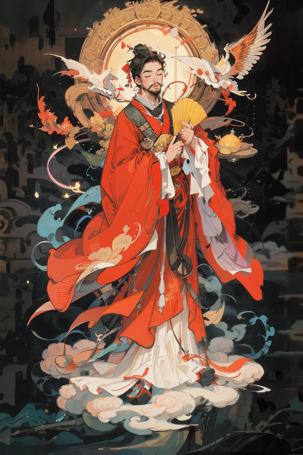 1boy,facial hair,male focus,solo,beard,closed eyes,cloud,holding,wide sleeves,long sleeves,hand fan,black hair,mustache,<lora:md-031-å¤ä»£ç¥è¯æé0.6-0.9:0.7>,, masterpiece,best quality,ultra-detailed,