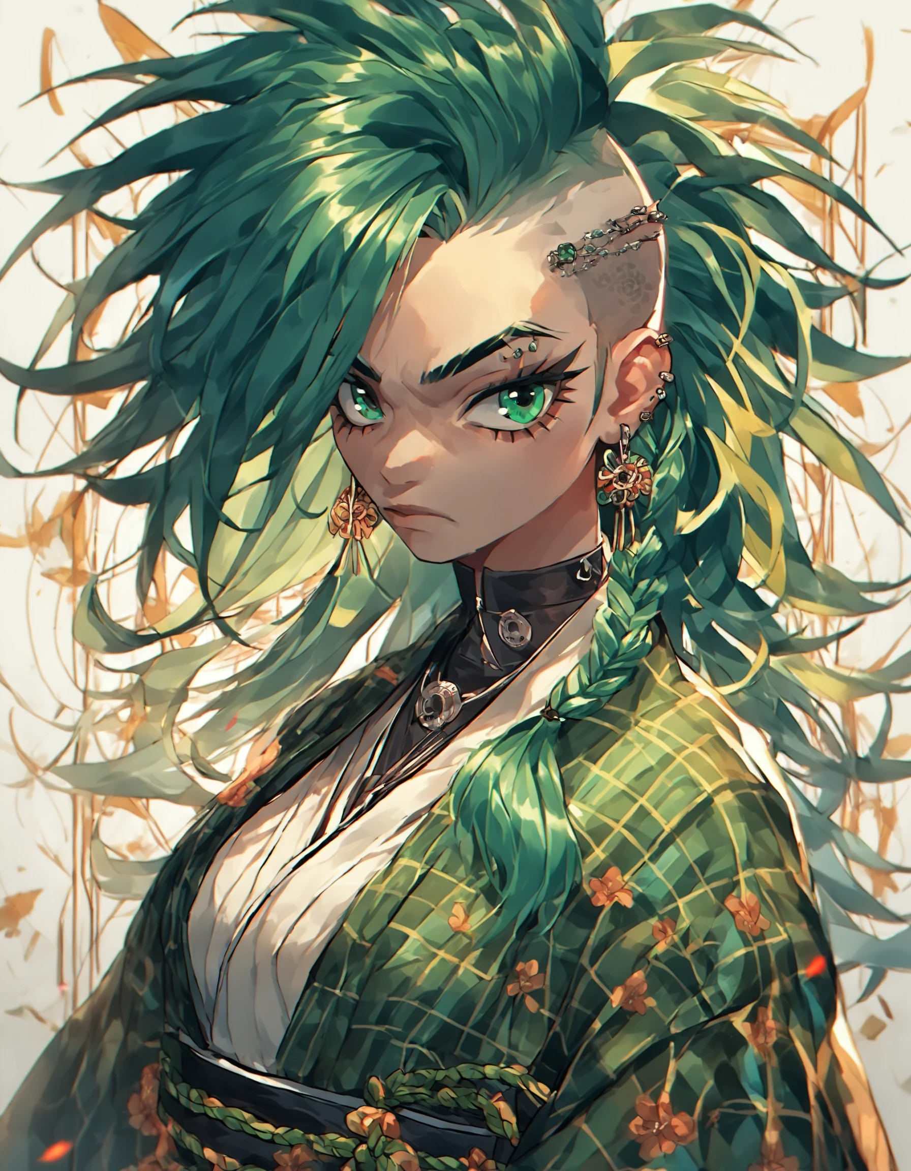 score_9, score_8_up, score_7_up, score_6_up, score_5_up, score_4_up, Niji Style, 1girl, feminine, female focus, kimono, large breasts, celtic tartan pattern, plaid kimono, upper body, anime hero of the sun, in the style of dark white and emerald, handsome, 8k, portrait, aurorapunk, sharp brushwork, barbiecore, source_anime, source_pony, source_cartoon , <lora:dusknijixlpony:0.85>