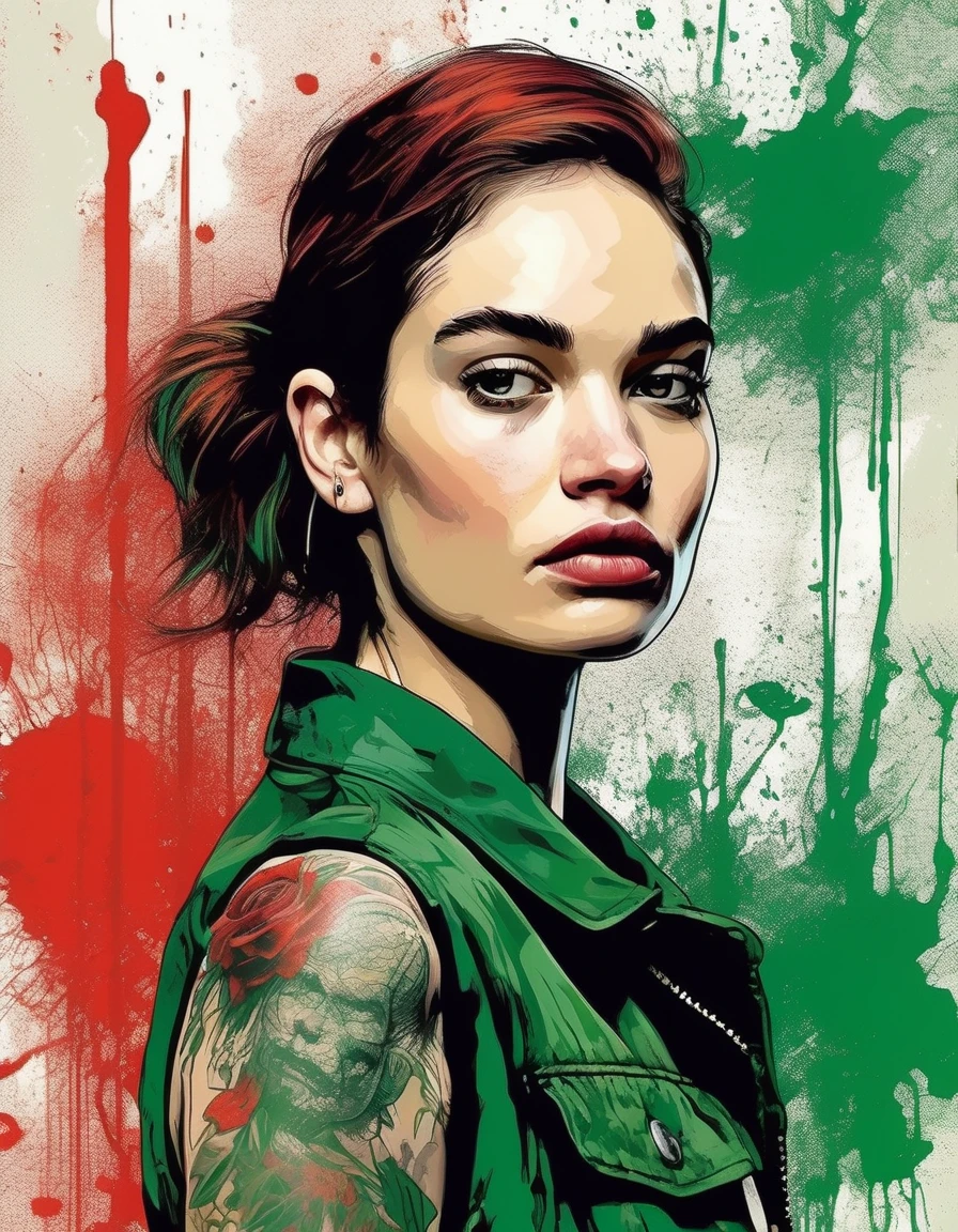 <lora:Lily James-000006:1.0> llyjmscnd woman ,an illustration of a girl with tattoos on a grunge background, in the style of bo chen, bold graphic comic book art, Silver and Red and Green, raymond leech, 32k uhd, ai weiwei, bold posters,