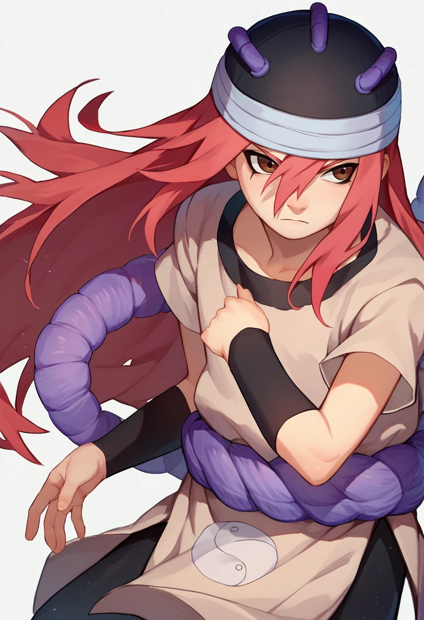 score_9, score_8_up, score_7_up, source_anime, <lora:Tayuya-000012:1> tayuya, red hair, long hair, brown eyes, tan tunic, purple rope belt, black shorts, arm warmers, black headwear,