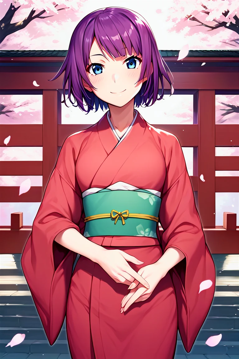 score_9, score_8_up, score_7_up, score_6_up, score_5_up, score_4_up, rating_questionable, , source_anime, digital illustration, pixiv, fanbox, uncensored, , BREAK, official art,
1girl, solo, female, hitagi senjougahara, purple hair, blue eyes, short hair,
kimono, japanese clothes, japanese background, cherry blossoms,  outdoors, light smile, blush, cowboy shot, looking at viewer,    <lora:Hitagi_Senjougahara_Pony:0.8>