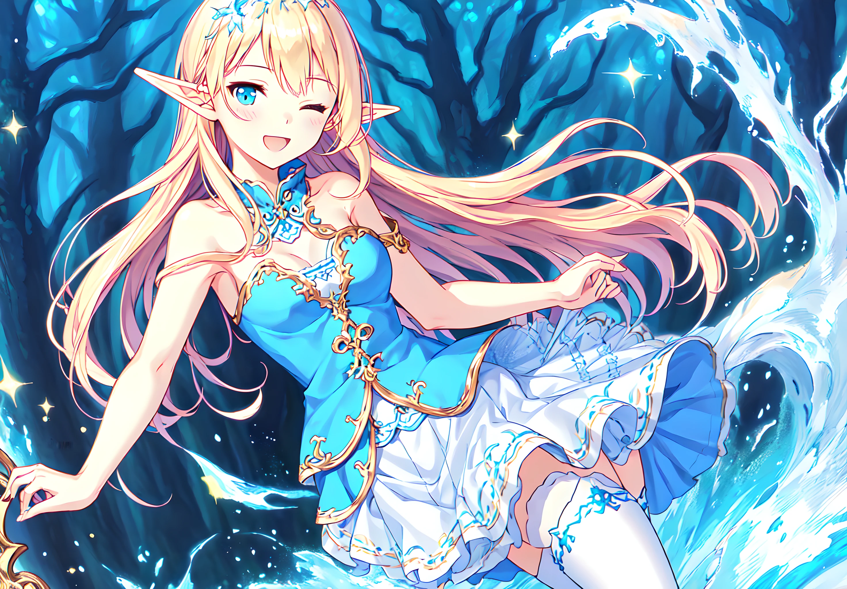<lora:Tisse:0.8>,Tisse,1girl,super fine illustration,masterpiece,best quality,bare shoulders,blue shirt,white pleated skirt,white thighhighs,elf,a smiling face,close one eye,:d,Dreamy forest,cowboy_shot,hair,wind,