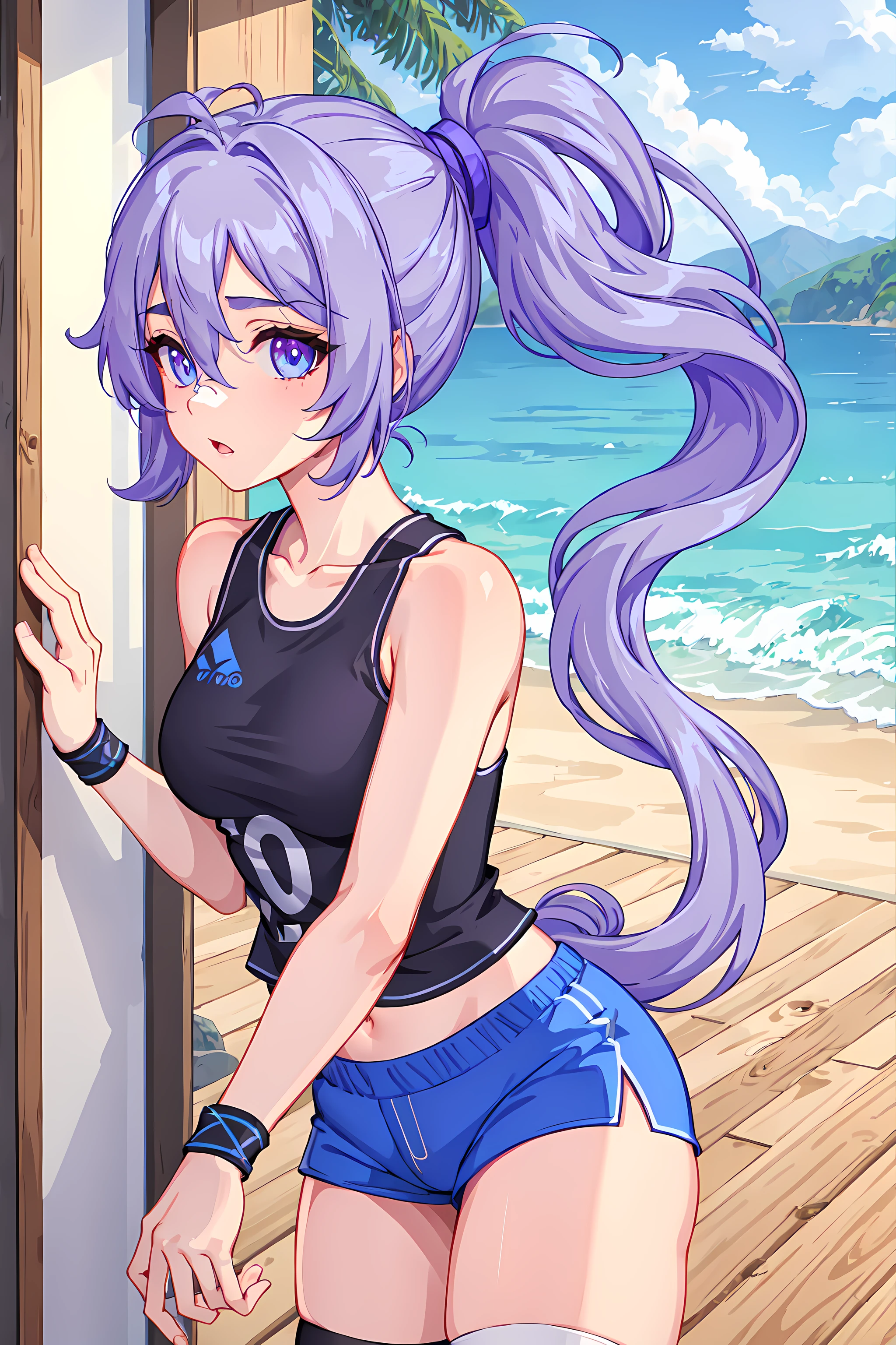 <lora:Sawyer_from_Crush_Crush:0.7> sawyer, masterpiece, best quality, 1girl, solo, purple hair, blue eyes, ponytail, bandaid on nose, opaque thighhighs,  tanktop, shorts, gym