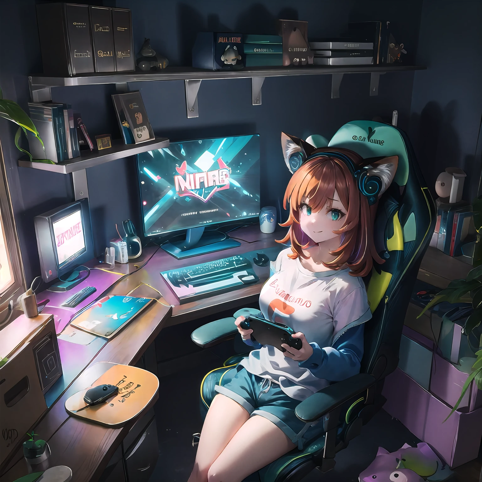 hires,high quality,best quality,1girl,mature female,game controller, headphones-for-animal-ears, animal ears,shirt, fox girl, fox ears, orange hair, green eyes,smirk, long hair, (holding game controller:1.2),large breasts, brown hair, monitor, posters, shelf, plant, figurine,gaming-room, gaming chair, sitting on chair, playing games,focused expression,game on screen,(controller:1.1),(gamepad:1.1), shorts, legs on desk,  looking at viewer
<lora:Gaming Room:1>  <lora:Add Detail:0.3>  <lora:Headphones for animal ears:1.1>