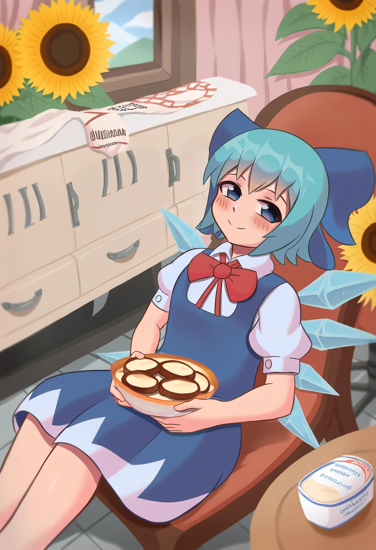 score_9, best quality, masterpiece, uncensored, source_anime
BREAK
1girl, solo, looking at viewer, blush, smile, short hair, bangs, blue eyes, shirt, dress, bow, sitting, closed mouth, blue hair, white shirt, flower, short sleeves, hair bow, food, green hair, wings, puffy sleeves, artist name, bowtie, red bow, puffy short sleeves, :3, blue dress, blue bow, chair, table, red bowtie, ice, sunflower, ice wings, cirno
<lora:duhota_pony_v2:1>