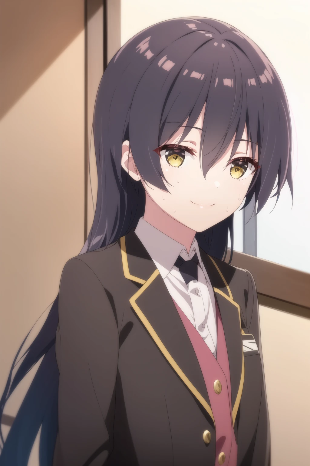 1girl, solo, looking at viewer, smile, (long Very hair), bangs, shirt, black hair, {Wavy Beautiful hair}, hair between eyes, brown eyes, Upper body, closed mouth, school uniform, jacket, yellow eyes, white shirt, collared shirt, sweatdrop,