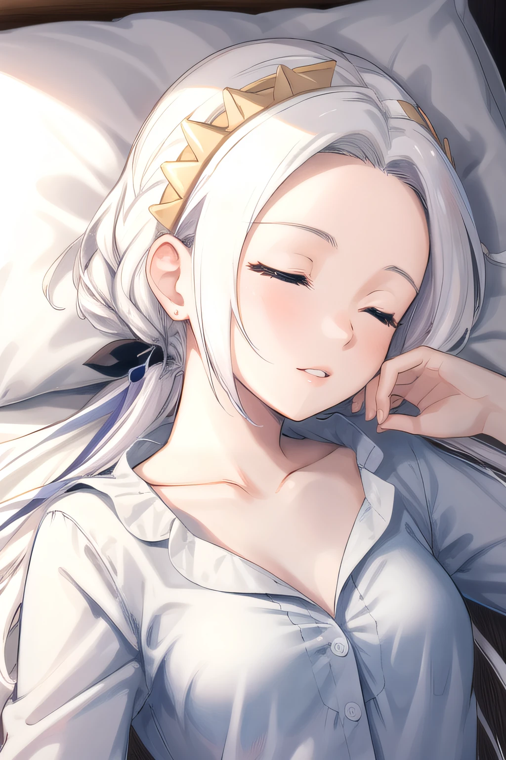 (masterpiece:1.2), best quality, high resolution, unity 8k wallpaper, (illustration), extremely detailed face, perfect lighting, extremely detailed CG, 1girl, solo, <lora:Edelgard:0.8>, closed eyes, forehead, white hair, long hair, hair ornament, ribbon, simple background, frontal view:1.2, collarbone, parted lips, sleeping, lying on bed, bed sheet, pillow, pijama