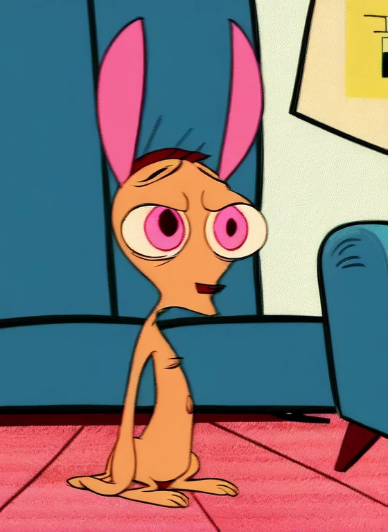 (ren:1), (small cartoon dog:0.3), flat colours, 2d cartoon, big eyes, confused, squinting, in a livingroom,  (nickelodeon style:0.3)  <lora:Ren__Stimpy-000014:1>