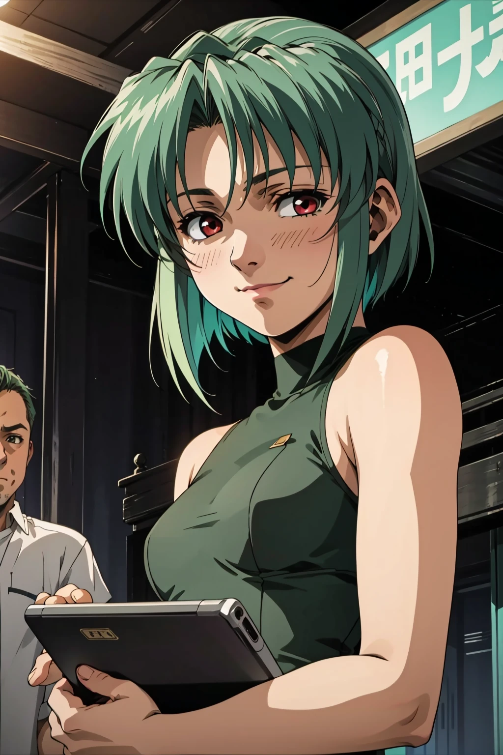 masterpiece, best quality, <lora:EPBlackLagoonStyle-08:1>, EPBlackLagoonStyle, closeup, small breasts, seductive smile, best quality, bob cut, red eyes, green hair,multicolored hair, aqua hair, 1girl, standing in a scifi city, holding a tablet