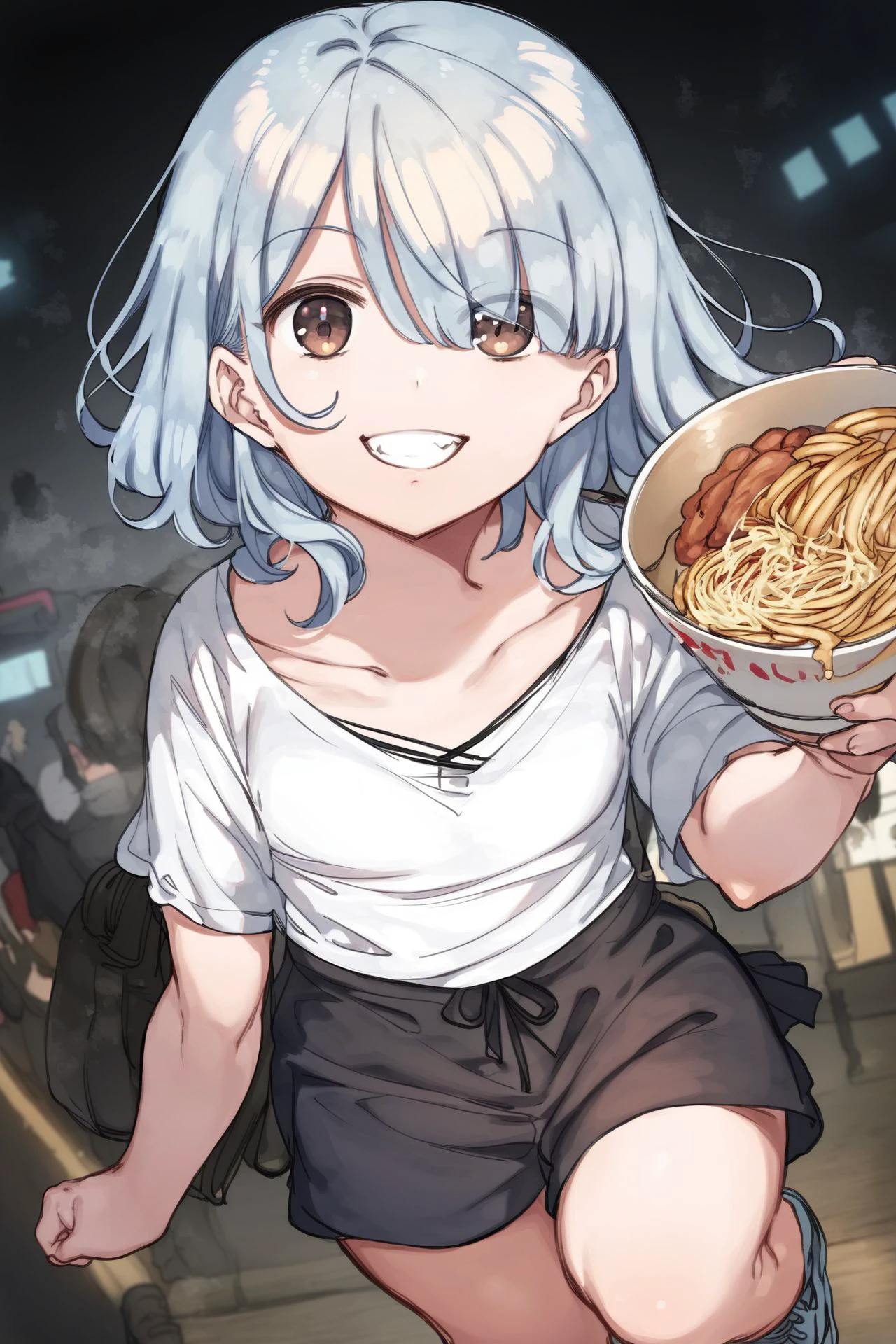 score_9, score_8_up, score_7_up, high resolution, 1girl, running, looking at viewer, beautiful face, detailed pupils, glasgow smile, light blue hair, hair intakes, hair over one eye, dark brown eyes, small breasts, foggy atmosphere, panorama, ramen shop, <lora:Mankai_Kaika_PonyXL_style_v01-000005:1>