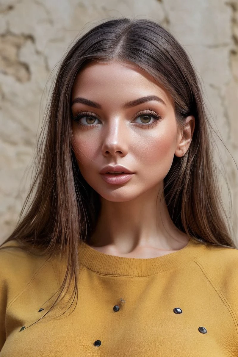 closeup headshot of S345_VeraGudkova,an attractive woman,in front of a (holed-wall:1.1),wearing a (crewneck:1.1),(smiling),(4k, RAW photo, best quality, depth of field, ultra high res:1.1),(absurdres, intricate, photorealistic, masterpiece, ultra-detailed:1.1),